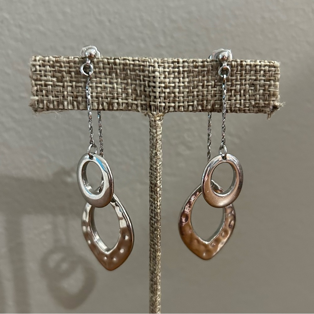 Silver Toned Hammered Layered Dangling Earrings
